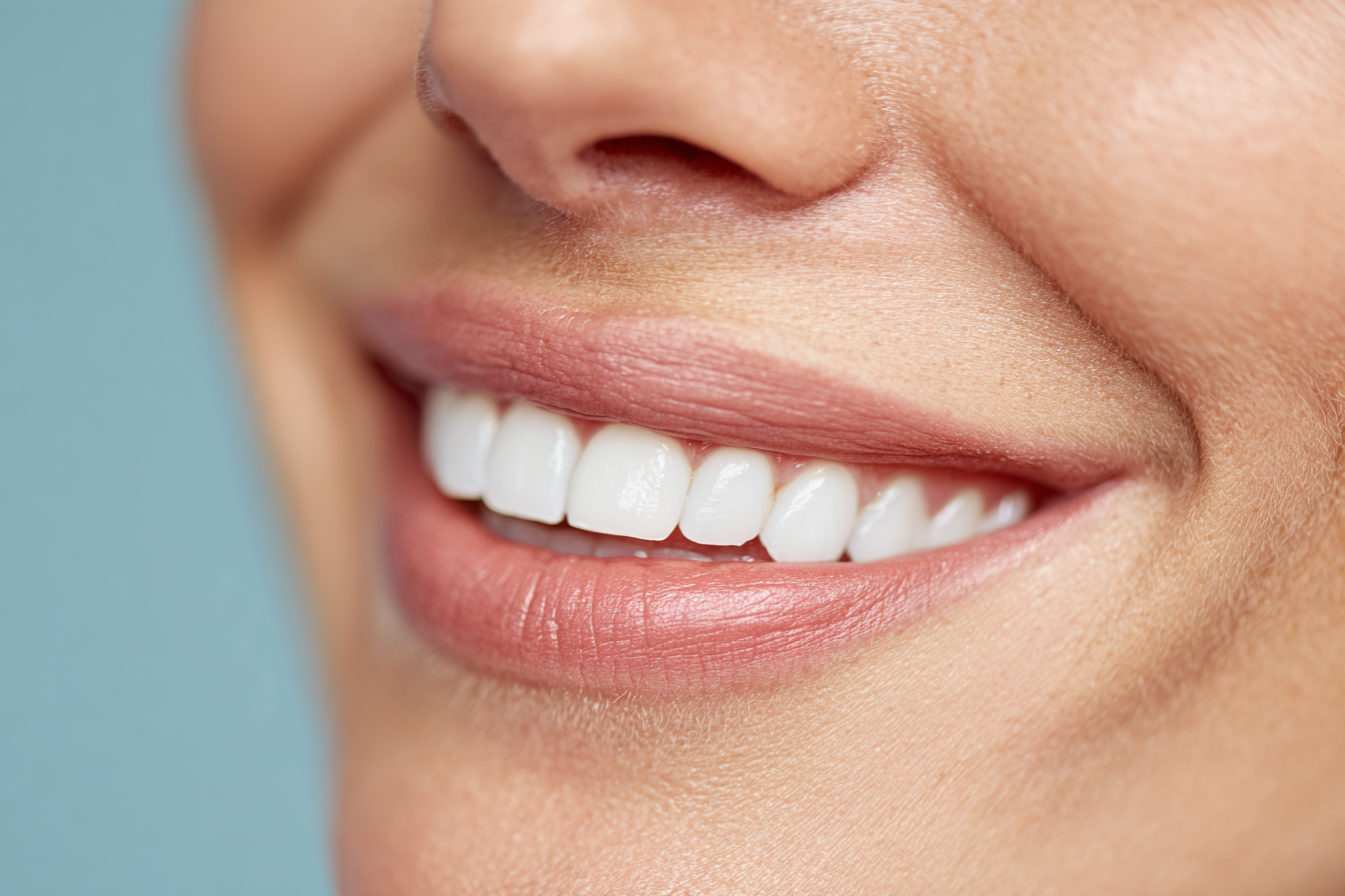 Close-up of a woman smiling with white teeth representing cosmetic dentistry